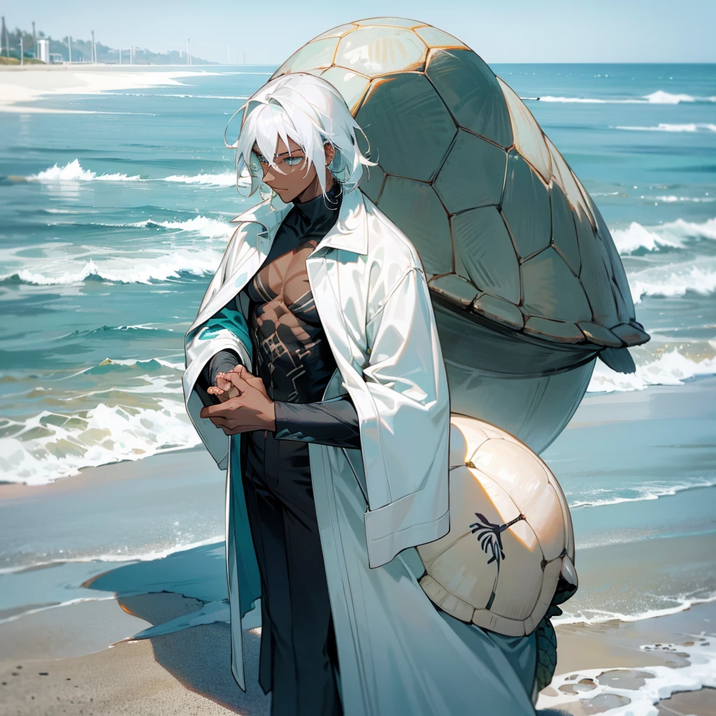 1male, young adult, dark skin, finely detailed aqua eyes, wild medium hair, seashell white hair color, long sleeve turtle neck, oversized fur coat, standing on snowy path, day time, beach, somber expression, muscular, flowers, tattoos