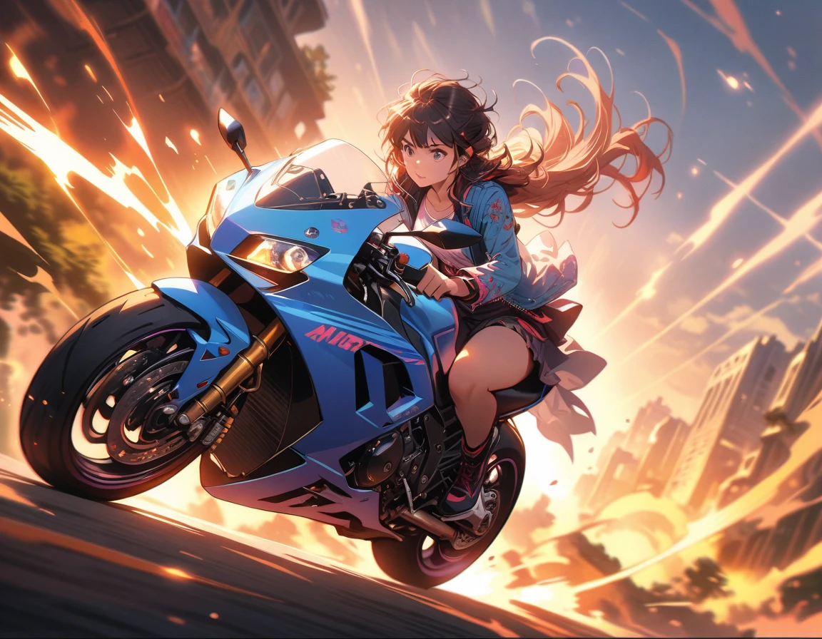 a girl riding a motorcycle,1girl,motorcycle,detailed face,detailed eyes,detailed lips,best quality,4k,8k,highres,masterpiece:1.2,ultra-detailed,realistic lighting,dynamic motion blur,cinematic,dramatic lighting,intricate details,highly detailed,vibrant colors,atmospheric,moody,cinematic composition