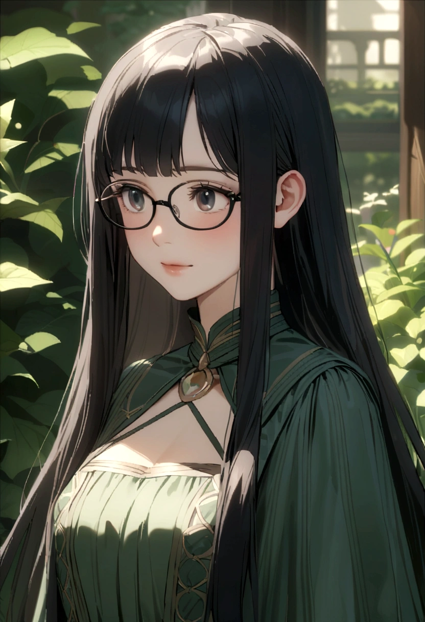 Black long hair，Straight Hair，Glasses，The quiet older sister，garden，dress