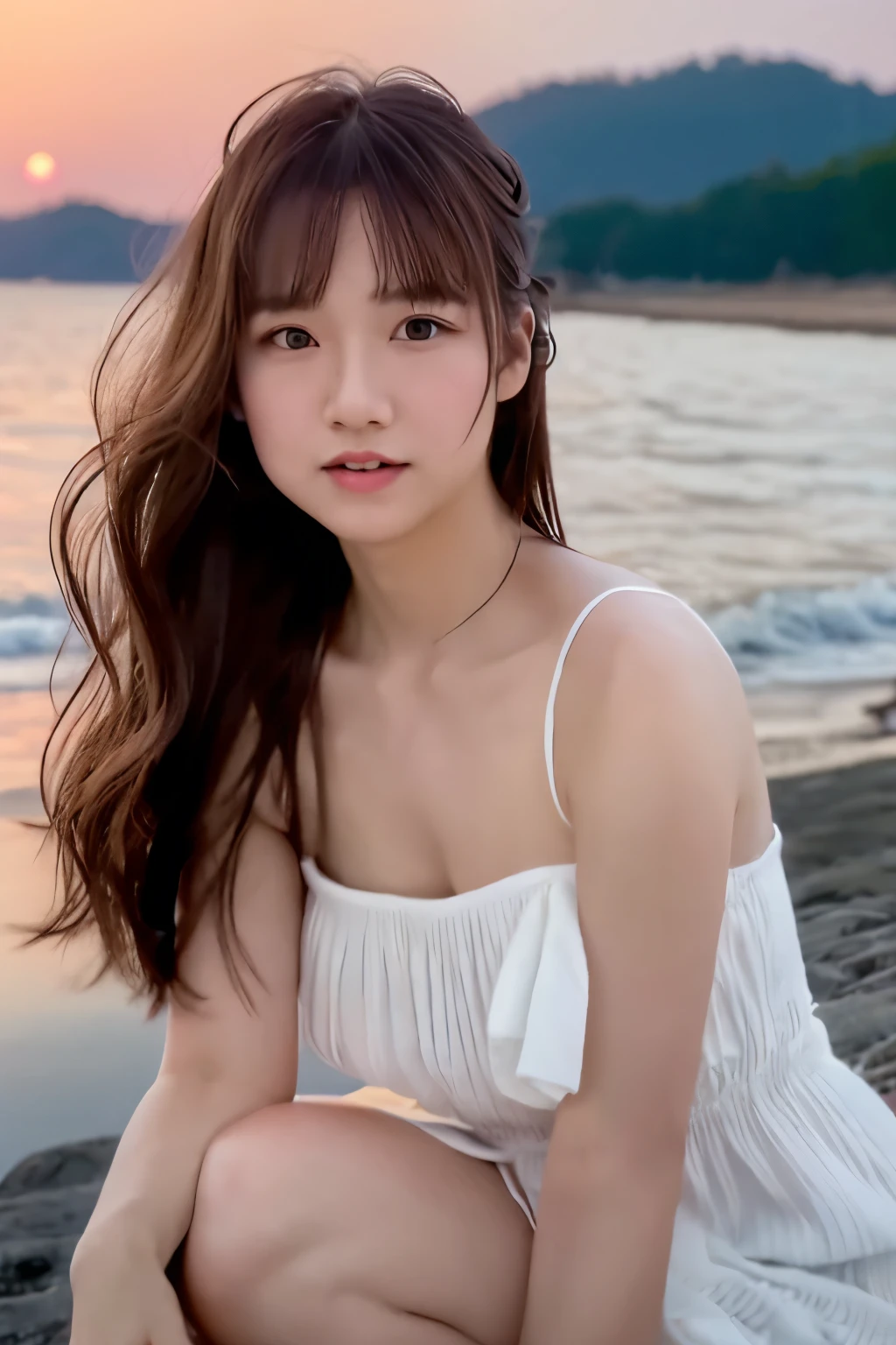 Create a high-quality, hyper-realistic portrait of a very beautiful Japanese idol. She is wearing a clean white summer dress and is squatting on the beach during sunset at sea. The deep indigo of the night sky contrasts with the last vestiges of crimson near the horizon, with swaying waves in the background. The girl has semi-long hair and a slender body with small breasts. The photo should capture her with detailed eyes, a detailed face, and a beautiful, sophisticated nose. The image should have a realistic, delicate, and finely detailed quality, suitable for a fashion magazine cover. Use cinema lighting and soft light to enhance her features. Ensure the photo is of the highest quality, with a resolution of 8K, making it perfect for a 2K wallpaper.