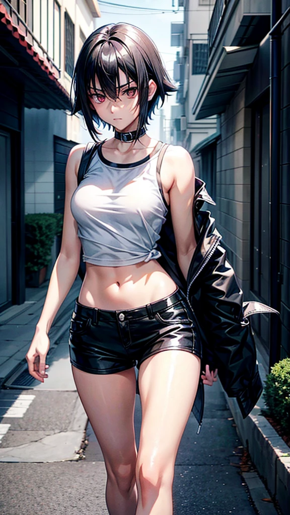  girl, black short hair, white skin, black eyes, black short shirt, , slim body, quiet, sad eyes, walking, beautiful. Anime sexy. Kurome Akame ga kill 