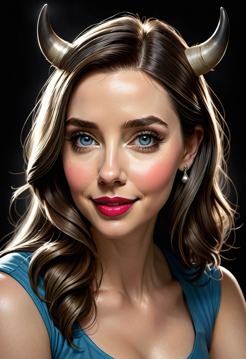 Create an illustrated, hand-drawn, full-color image of an humanoid, hybrid, anthropomorphic, sexy bovine woman. The artwork should be rendered in the style of "Breath of the Wild," featuring warm lighting and shadows. Include graphite shading, stencil marks, and airbrushed acrylic paint effects. The image should be of the highest quality, a masterpiece with intricate details. cow nose, cow ears. The bovine woman should have a female, humanoid, appearance. She should have luscious lips, a wide smile, and bright, expressive eyes, exuding beauty, cuteness, and adorableness. Ensure the image is high resolution and sharply detailed, with a detailed and vibrant background. Scarlett Johanson, Alison Brie, Dove Cameron Incorporate mystical lighting in the background, creating a romantic and enchanting atmosphere.