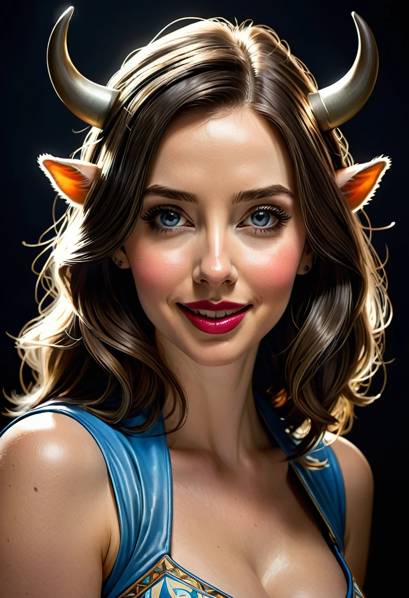 Create an illustrated, hand-drawn, full-color image of an humanoid, hybrid, anthropomorphic, sexy bovine woman. The artwork should be rendered in the style of "Breath of the Wild," featuring warm lighting and shadows. Include graphite shading, stencil marks, and airbrushed acrylic paint effects. The image should be of the highest quality, a masterpiece with intricate details. cow nose, cow ears. The bovine woman should have a female, humanoid, appearance. She should have luscious lips, a wide smile, and bright, expressive eyes, exuding beauty, cuteness, and adorableness. Ensure the image is high resolution and sharply detailed, with a detailed and vibrant background. Scarlett Johanson, Alison Brie, Dove Cameron Incorporate mystical lighting in the background, creating a romantic and enchanting atmosphere.