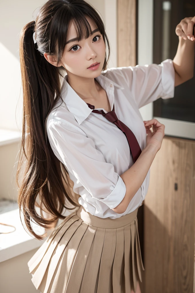 (masterpiece), (Highest quality), (High resolution),Realistic skin texture, Perfect Face, Realistic, Perfect hands, Perfect finger count, Japanese, Girl, (20-year-old), Big Eyes, Brown eyes, Platinum Blonde Hair, bangs, ponytail, Big hair ribbon, Small face, Crying face, ((White button-up shirt, Flat Chest, tie, Mini Pleated Skirt)), Are standing, Cute pose, In an abandoned house, Litter