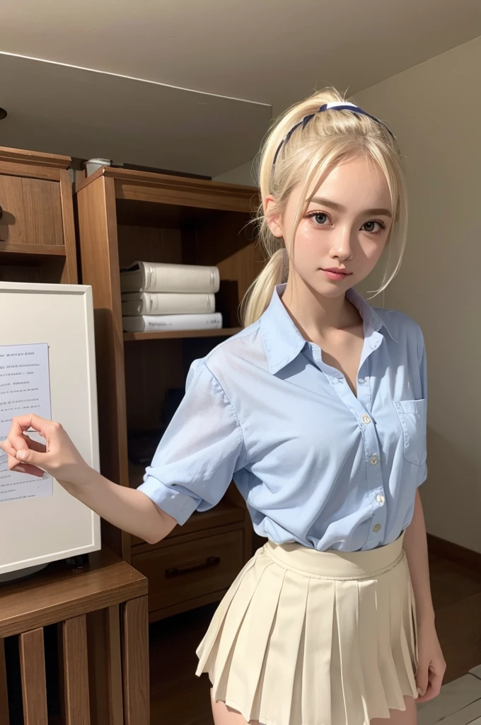 (masterpiece), (Highest quality), (High resolution),Realistic skin texture, Perfect Face, Realistic, Perfect hands, Perfect finger count, Japanese, Girl, (20-year-old), Big Eyes, Brown eyes, Platinum Blonde Hair, bangs, ponytail, Big hair ribbon, Small face, Crying face, ((White button-up shirt, Flat Chest, tie, Mini Pleated Skirt)), Are standing, Cute pose, In an abandoned house, Litter