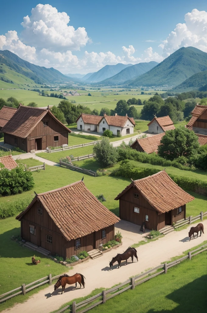 House in village year 1100 with 2 horses and bit pigs