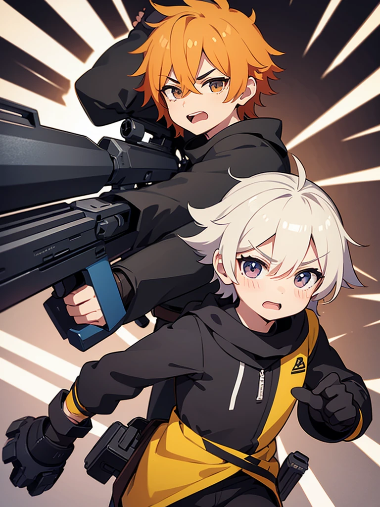 A masculine chibi, with dynamic poses next to a sniper rifle