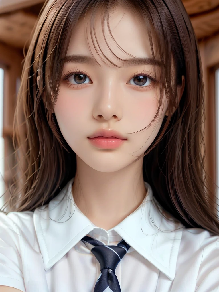 (Tabletop:1.4, Photorealistic:1.4, 8K), Highest quality, masterpiece, Ultra-high resolution, Perfect dynamic composition, Big Face、Round face、((Light brown hair, Long Hair, Layered Hair))、Highly detailed skin and facial textures:1.3, Limb details, 1 Girl, Cute sexy 22 year old woman, (Sunburn:1.0), ((Totally captivates you:0.9)), ((school uniform, White collar short sleeve shirt, Striped tie)),Medium Chest, (Distant eyes, Beautiful Eyes, Brown eyes、Beautiful erotic eyes:0.85), Sexy Face:0.4, (Mouth closed、Small Mouth、Thick lips、A taste of beautiful eroticism:0.85), ((Too cute beauty:0.9))、Gal Makeup、((Extreme close up))