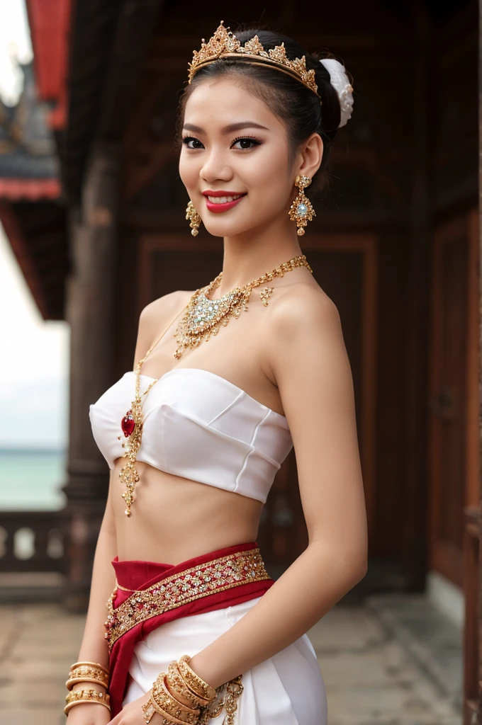 (masterpiece), best quality, ultra high res, , (princess:1.3), standing, (NSFW), lace underwear, beautiful face,( thailand tradition house:1.3),,(cute girl:1.3), ( thai white red ombre detailed traditional dress:1.3),(traditional body strap:1.2) big ,detailed background , gloves, hair bun, , big hair_ornament, ear ornaments, ear peice, ear jewelries, big crown, big jewelry, hair_stick, jewelry, necklace, bracelets, arms jewelry, (seductive:1.3), ( looking at viewer:1.5) , ocean,flowers, beautiful day, close eyes, enjoying the breeze ,beautiful smile, back angle