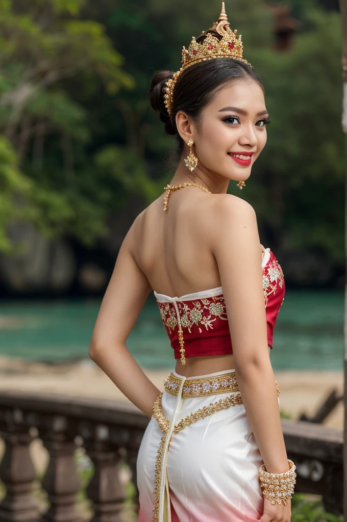 (masterpiece), best quality, ultra high res, , (princess:1.3), standing, (NSFW), lace underwear, beautiful face,( thailand tradition house:1.3),,(cute girl:1.3), ( thai white red ombre detailed traditional dress:1.3),(traditional body strap:1.2) big  ,detailed background , gloves, hair bun, , big hair_ornament, ear ornaments, ear peice, ear jewelries, big crown, big jewelry, hair_stick, jewelry, necklace, bracelets,  arms jewelry, (seductive:1.3), ( looking at viewer:1.5) , ocean,flowers, beautiful day, close eyes, enjoying the breeze ,beautiful smile, back angle 