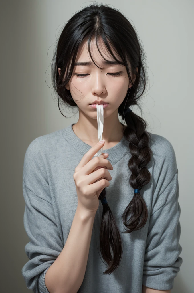 A person with tied hair blowing their nose