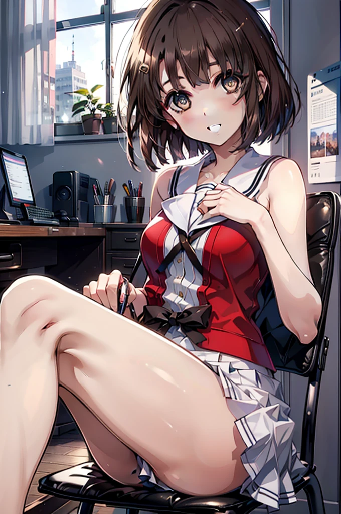 Katoumegumi, Megumi Katou, Brown Hair, short hair, (Brown eyes:1.5),happy smile, smile, Open your mouth, Red Tank Top Shirt,White long skirt,Black hose,Stiletto heels,Open your mouth,sitting cross-legged on a chair,whole bodyがイラストに入るように,
break looking at viewer,whole body,
break indoors, office,
break (masterpiece:1.2), Highest quality, High resolution, unity 8k wallpaper, (shape:0.8), (Beautiful and beautiful eyes:1.6), Highly detailed face, Perfect lighting, Extremely detailed CG, (Perfect hands, Perfect Anatomy),