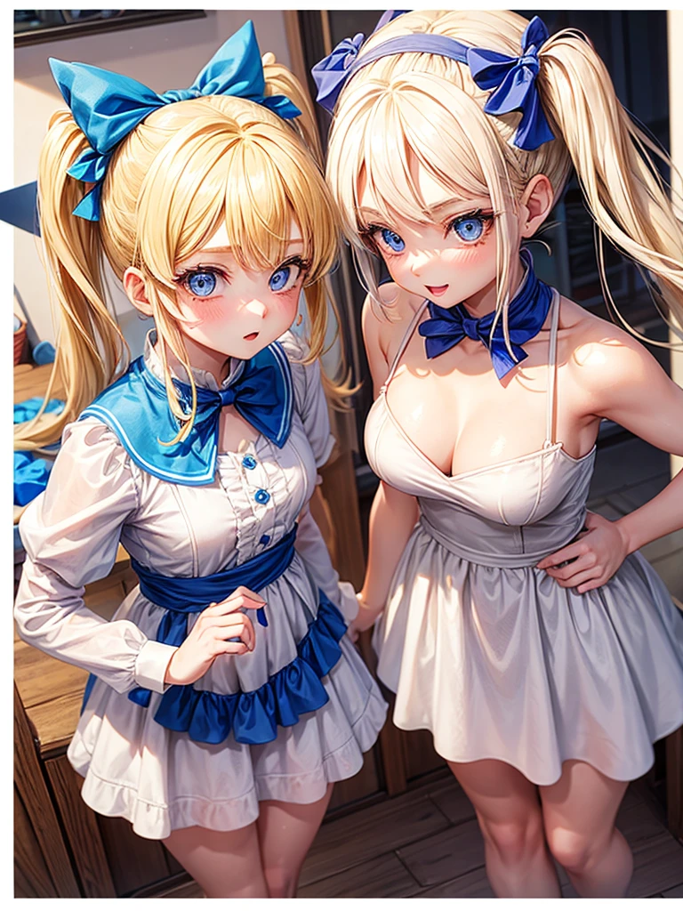 an adult girl, Blonde, blue eyes, two pigtails tied with two white bows, Dragon Ball design style, with a white dress