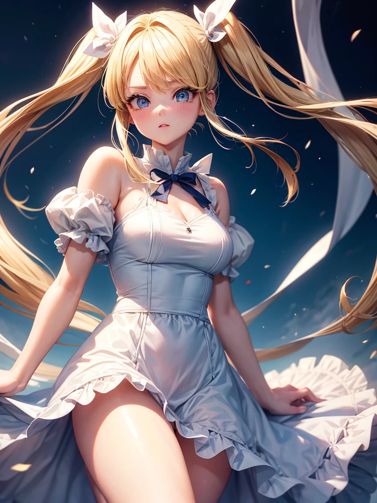 an adult girl, Blonde, blue eyes, two pigtails tied with two white bows, Dragon Ball design style, with a white dress