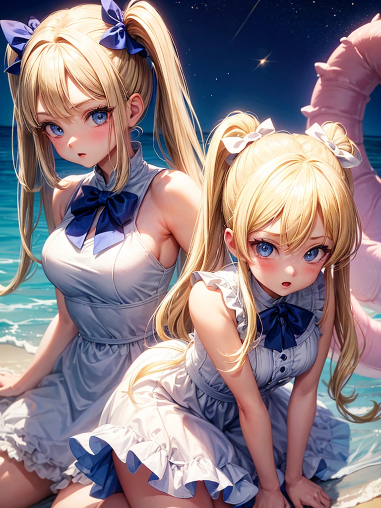 an adult girl, Blonde, blue eyes, two pigtails tied with two white bows, Dragon Ball design style, with a white dress 
