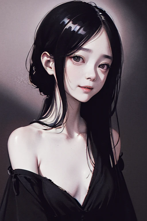 Highest quality, (Background details), High Contrast, Very cute girl, Detailed original illustrations、（（An innocent smile））、Crazy eyes、Suganou、Delicate face、charm、small、Villainess、sexy、Small breasts、Small stature、Real breasts,  Head close-up, Black background, (Black background: 1.5), Beautiful line art、Monochrome