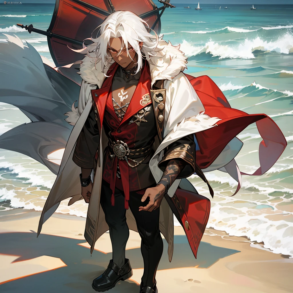 1male, young adult, dark skin, finely detailed crimson eyes, wild medium hair, seashell white hair color, loose pirate clothing, oversized fur hood, long sleeve compression shirt, standing on coast, day time, beach, somber expression, muscular, flowers, tattoos