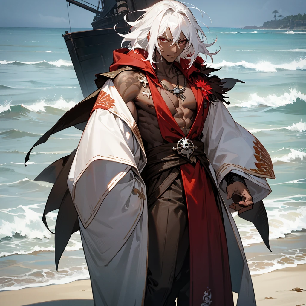 1male, young adult, dark skin, finely detailed crimson eyes, wild medium hair, seashell white hair color, loose pirate clothing, oversized fur hood, long sleeve compression shirt, standing on coast, day time, beach, somber expression, muscular, flowers, tattoos