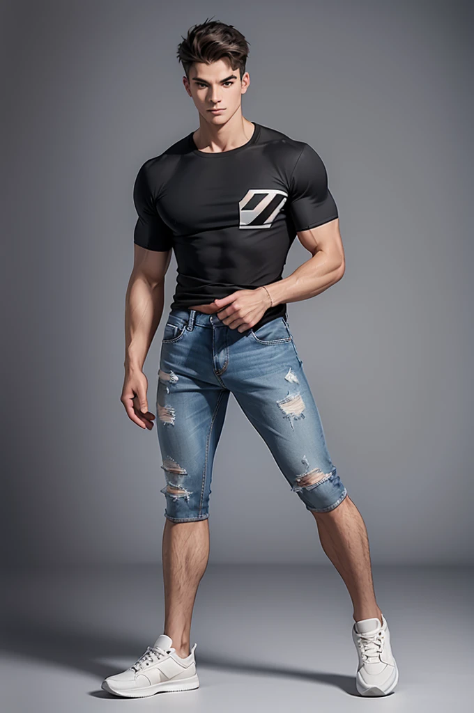 a full-body masculine man in a neutral, relaxed pose. athletic physique, but not exaggerated. defined muscles and bone structure, but not excessive. wearing a short-sleeved t-shirt and jeans and detailed athletic sneakers. The hairstyle should be simple and natural. Try to keep the body proportions realistic and avoid distortions. The face should be in a neutral expression, looking straight ahead, distant view, 0° angle, frontal,