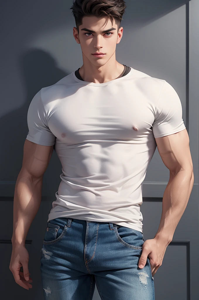 a full-body masculine man in a neutral, relaxed pose. athletic physique, but not exaggerated. defined muscles and bone structure, but not excessive. wearing a short-sleeved t-shirt and jeans and detailed athletic sneakers. The hairstyle should be simple and natural. Try to keep the body proportions realistic and avoid distortions. The face should be in a neutral expression, looking straight ahead, distant view, 0° angle, frontal,