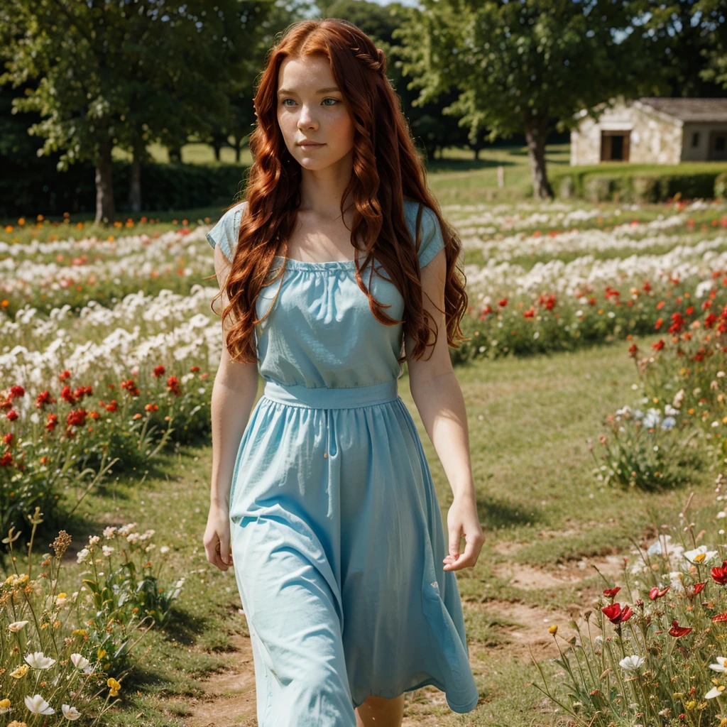 A red-haired, blue-eyed princess with wavy hair walking through a flower field