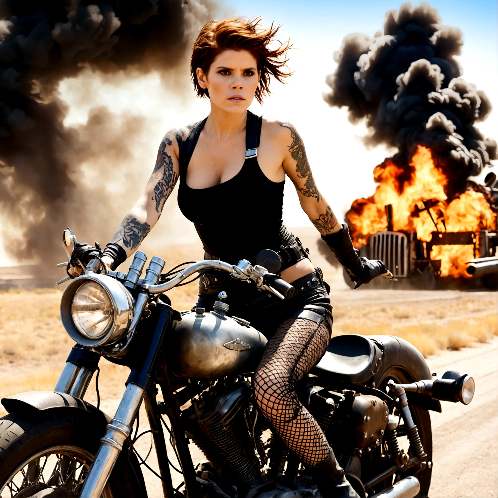 (Setting Holocaust Badlands (road warrior theme)) A bandit woman (Kate Mara, 25, scrap metal armor, sexy torn fishnet body stocking, tattoos) is riding a wasteland motorcycle (big engine, smoke and fire exhaust, bone trim over metal frame, spikes), Kate is driving one handed and pointing a gun at the viewer (the vehicle she is chasing), cinematic quality, HD, action, adventure