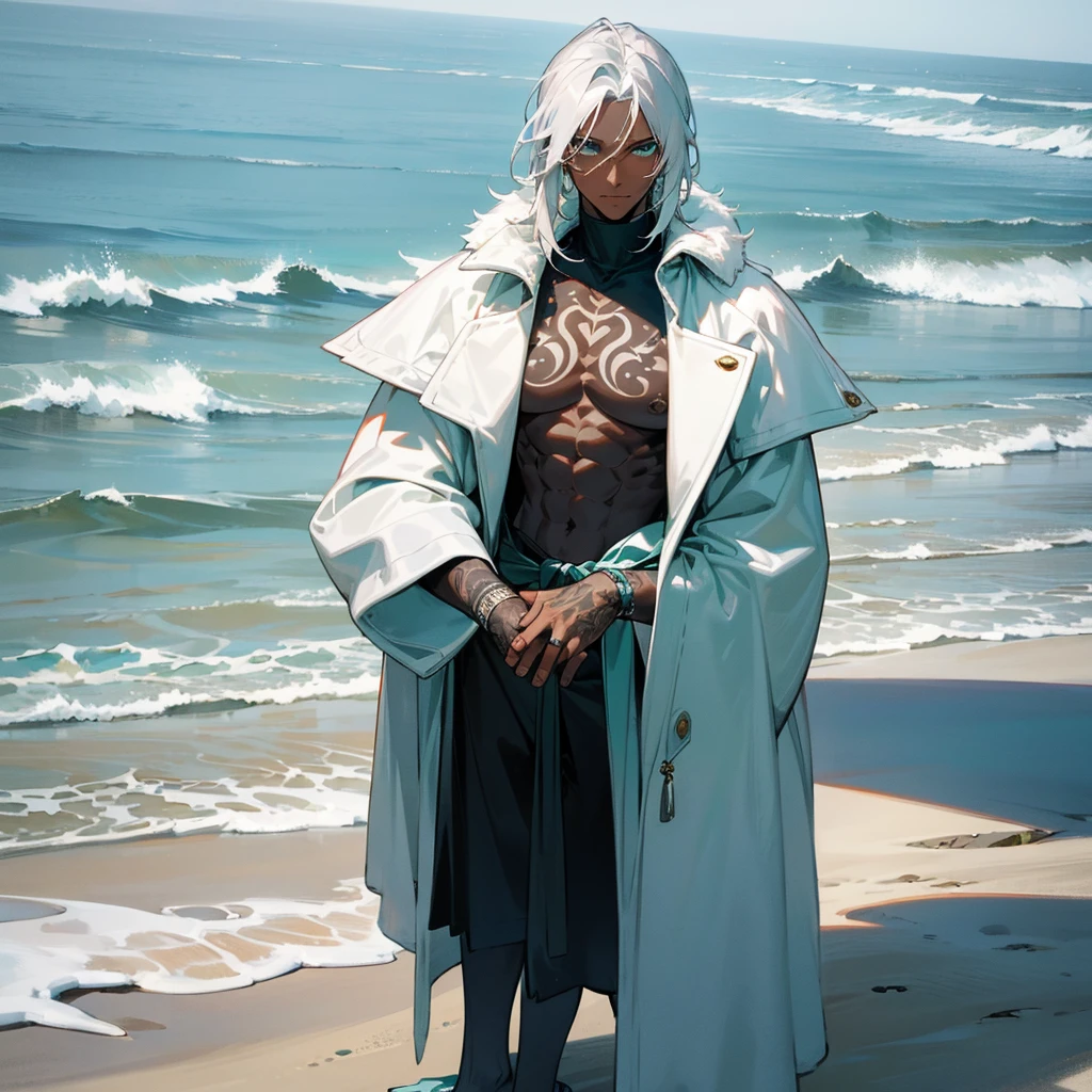 1male, young adult, dark skin, finely detailed aqua eyes, wild medium hair, seashell white hair color, long sleeve turtleneck sweater, oversized fur coat, standing on snowy path, day time, beach, somber expression, muscular, flowers, tattoos