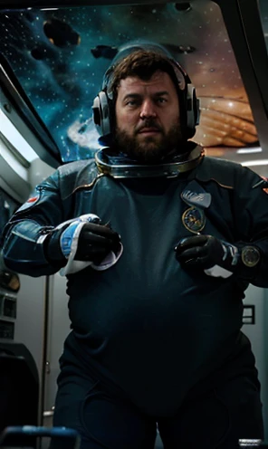 (((Ele está fazendo refeição no refeitório com outros Astronautas))), Close UP of intergalactic ship using thrusters to reach the speed of light in the universe ,The captain of the astronauts is a plump, chubby man, extremely thick thighs, a large belly, fat. Passing inside the spaceship laboratory , he checks an analysis under the microscope. His arms are holding digital analysis devices. He wears a spacesuit. A humanoid creature similar to a lizard and fish talks to the astronaut.ele usa uniforme espacial. caminhando pelos corredores da nave espacial.