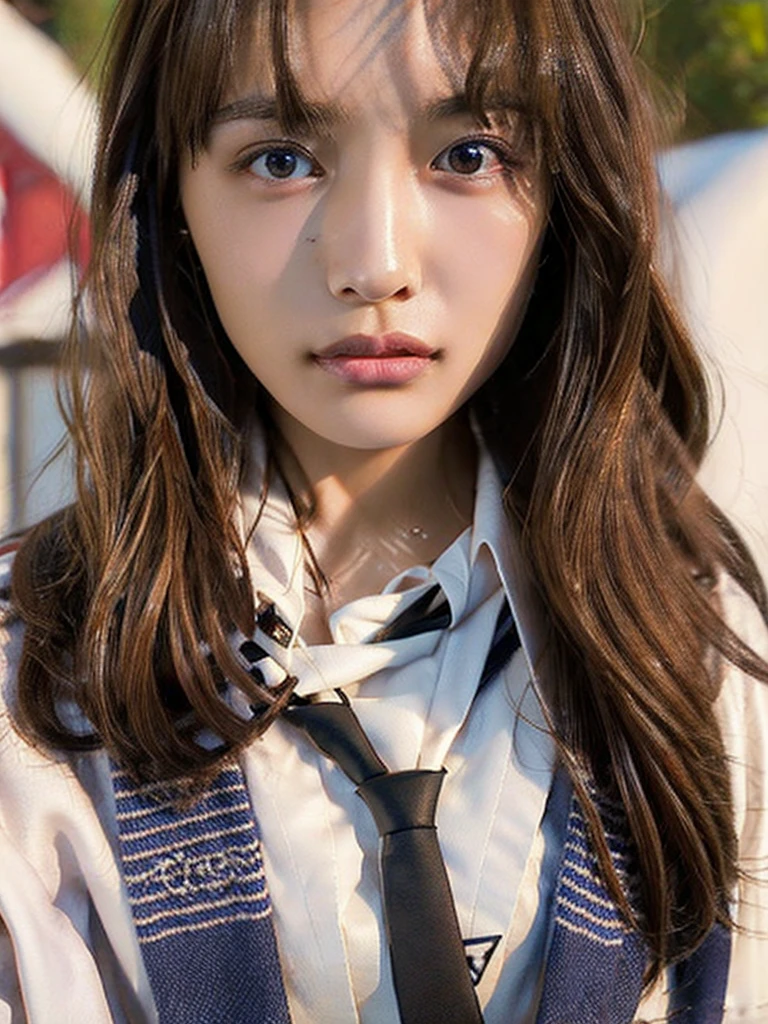 (Tabletop:1.4, Photorealistic:1.4, 8K), Highest quality, masterpiece, Ultra-high resolution, Perfect dynamic composition, Big Face、Round face、((Light brown hair, Long Hair, Layered Hair))、Highly detailed skin and facial textures:1.3, Limb details, 1 Girl, Cute sexy 22 year old woman, (Sunburn:1.0), ((Totally captivates you:0.9)), ((school uniform, White collar short sleeve shirt, Striped tie)),Medium Chest, (Distant eyes, Beautiful Eyes, Brown eyes、Beautiful erotic eyes:0.85), Sexy Face:0.4, (Mouth closed、Small Mouth、Thick lips、A taste of beautiful eroticism:0.85), ((Too cute beauty:0.9))、Gal Makeup、((Extreme close up))