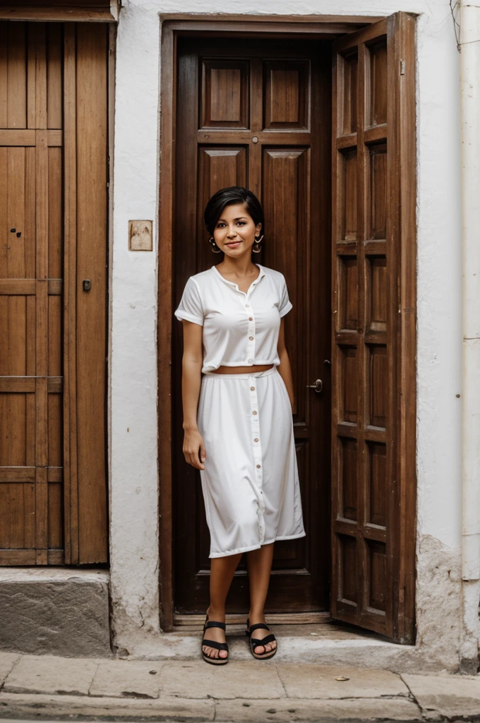 Cute short haired woman in a Colombian neighborhood opening the door of her house