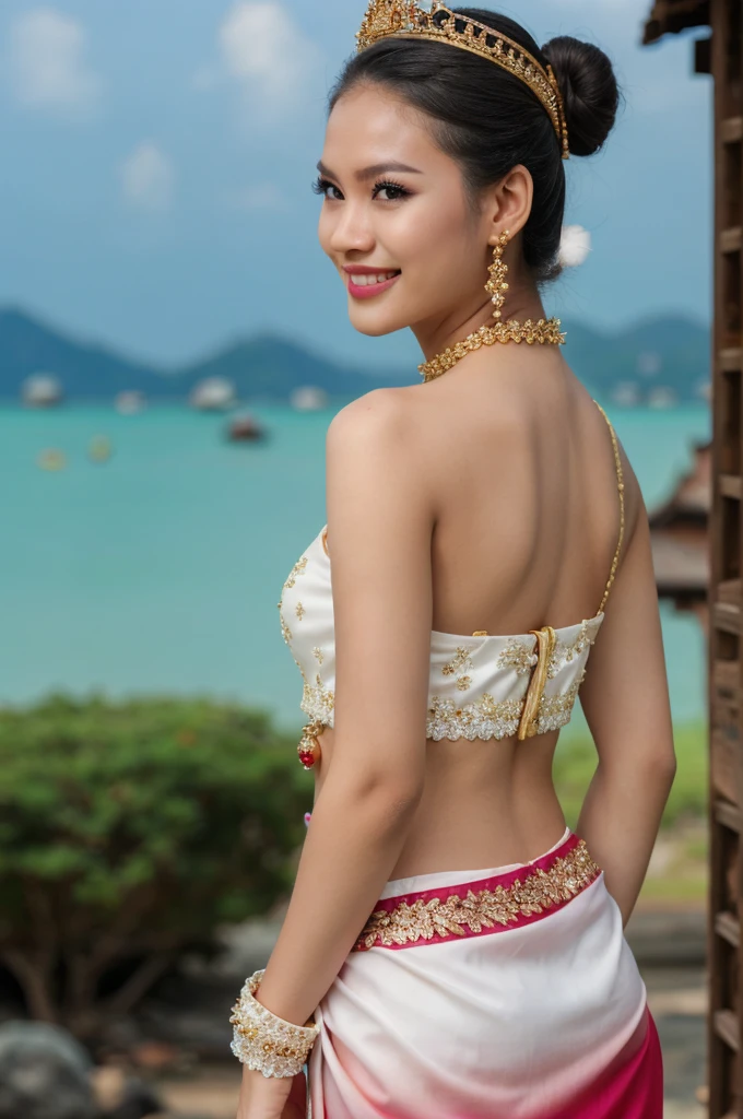 (masterpiece), best quality, ultra high res, , (princess:1.3), standing, (NSFW), lace underwear, beautiful face,( thailand tradition house:1.3),,(cute girl:1.3), ( thai white red ombre detailed traditional dress:1.3),(traditional body strap:1.2) big  ,detailed background , gloves, hair bun, , big hair_ornament, ear ornaments, ear peice, ear jewelries, big crown, big jewelry, hair_stick, jewelry, necklace, bracelets,  arms jewelry, (seductive:1.3), ( looking at viewer:1.5) , ocean,flowers, beautiful day, close eyes, enjoying the breeze ,beautiful smile, back angle 