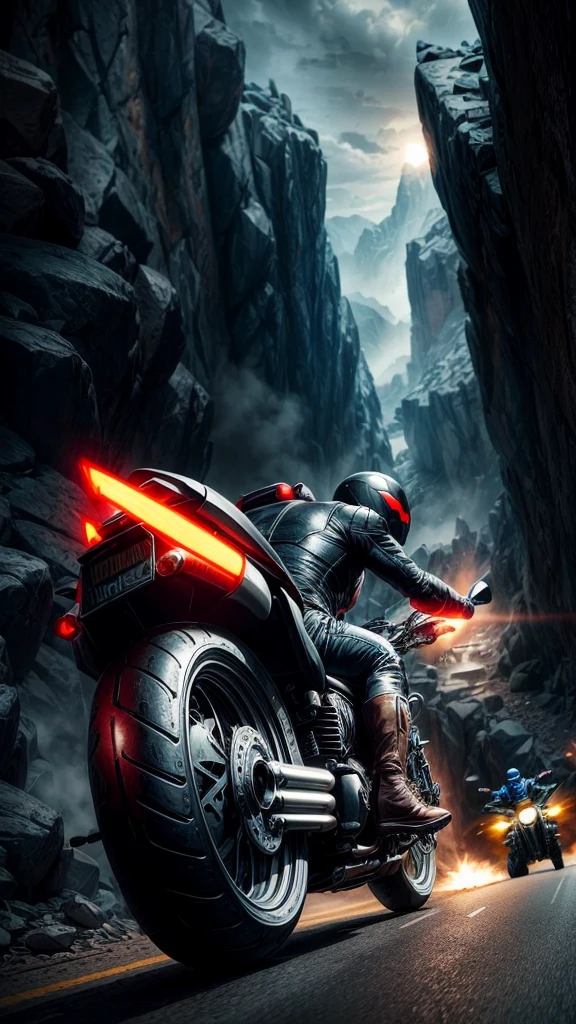 a masked superhero riding a motorcycle on a rugged mountain road, chased by Shocker's henchmen, detailed cinematic lighting, epic dramatic action scene, vibrant colors, photorealistic, 8k, high quality, masterpiece