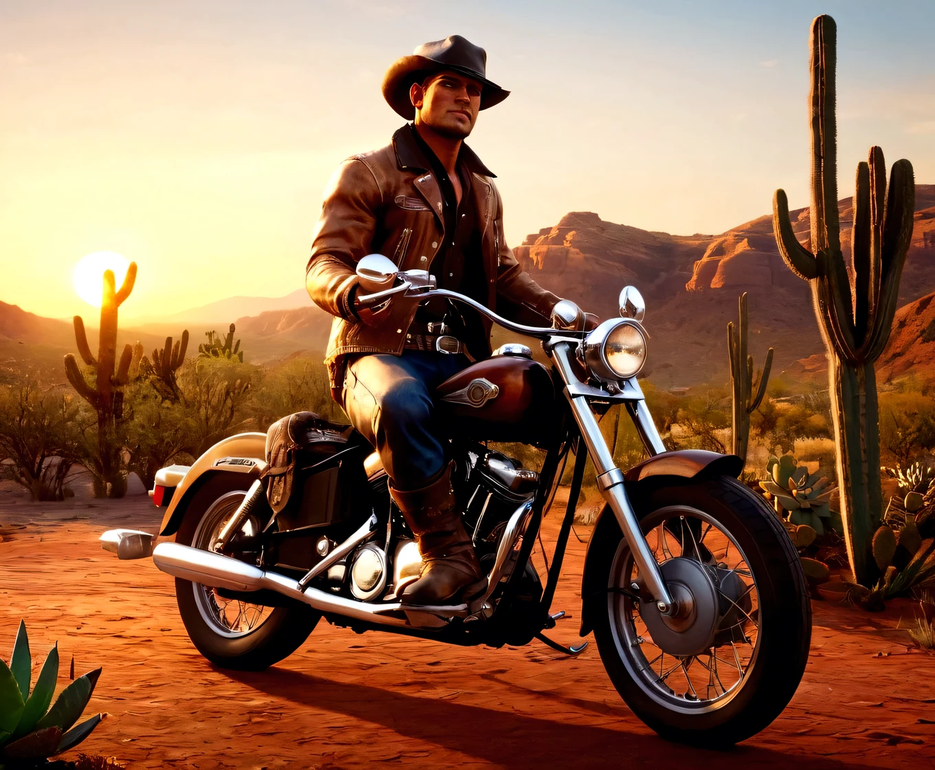 American motorbike, large motorbike, short rider's jacket, boot-cut jean trousers, boots, leather cowboy hat, handsome man resembling John on an American motorbike riding in the wilderness.
 BREAK Long shadows cast by the setting sun, motorbikes whizzing by, cacti, succulents, high details, (best composition), (Masterpiece), (Best Quality), (Ultra high Detailes), intricate details, intricate detail texture, 