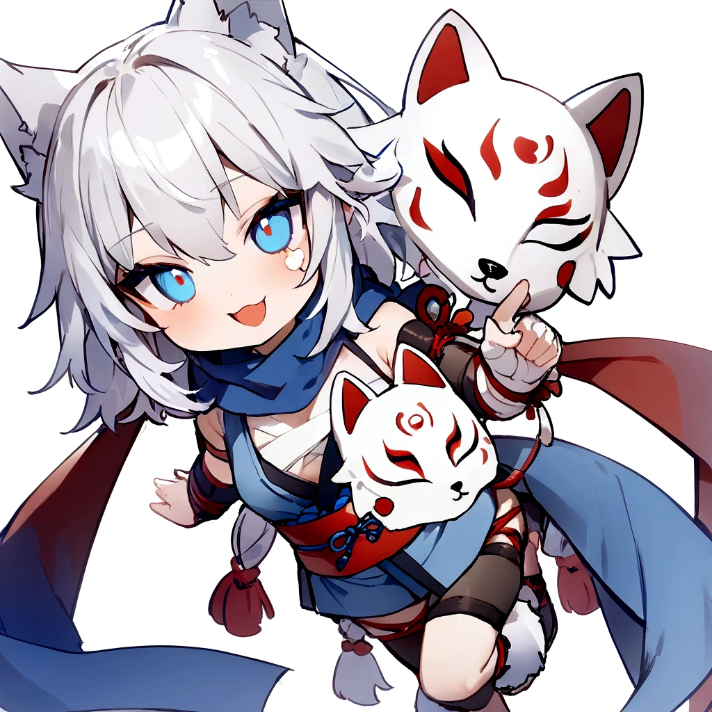 smiling、Stickers、White Gauntlet、chibi,No sleeve、Bleaching、(masterpiece, best quality:1.2), 1girl, 独奏,Wolf girl, fox mask, ninja, girl, white hair, odd eyes, blue kimono, ninja girl, red and blue scarf,Chibi Character、White background, fantastic atmosphere.White background、、Black fox mask、Fisheye Lens、hair、Bandage on chest、boy、Black fox mask、Blue Bondage