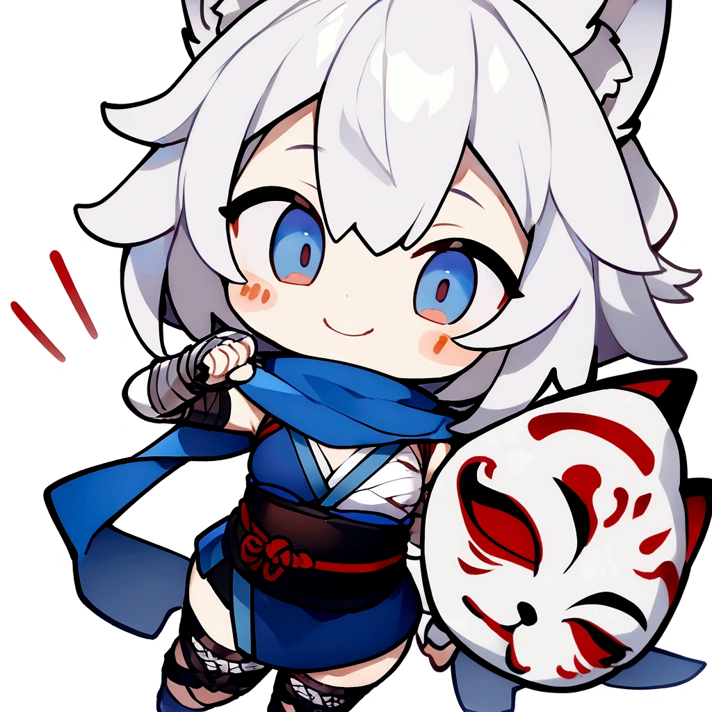 smiling、Stickers、White Gauntlet、chibi,No sleeve、Bleaching、(masterpiece, best quality:1.2), 1girl, 独奏,Wolf girl, fox mask, ninja, girl, white hair, odd eyes, blue kimono, ninja girl, red and blue scarf,Chibi Character、White background, fantastic atmosphere.White background、、Black fox mask、Fisheye Lens、hair、Bandage on chest、boy、Black fox mask、Blue Bondage