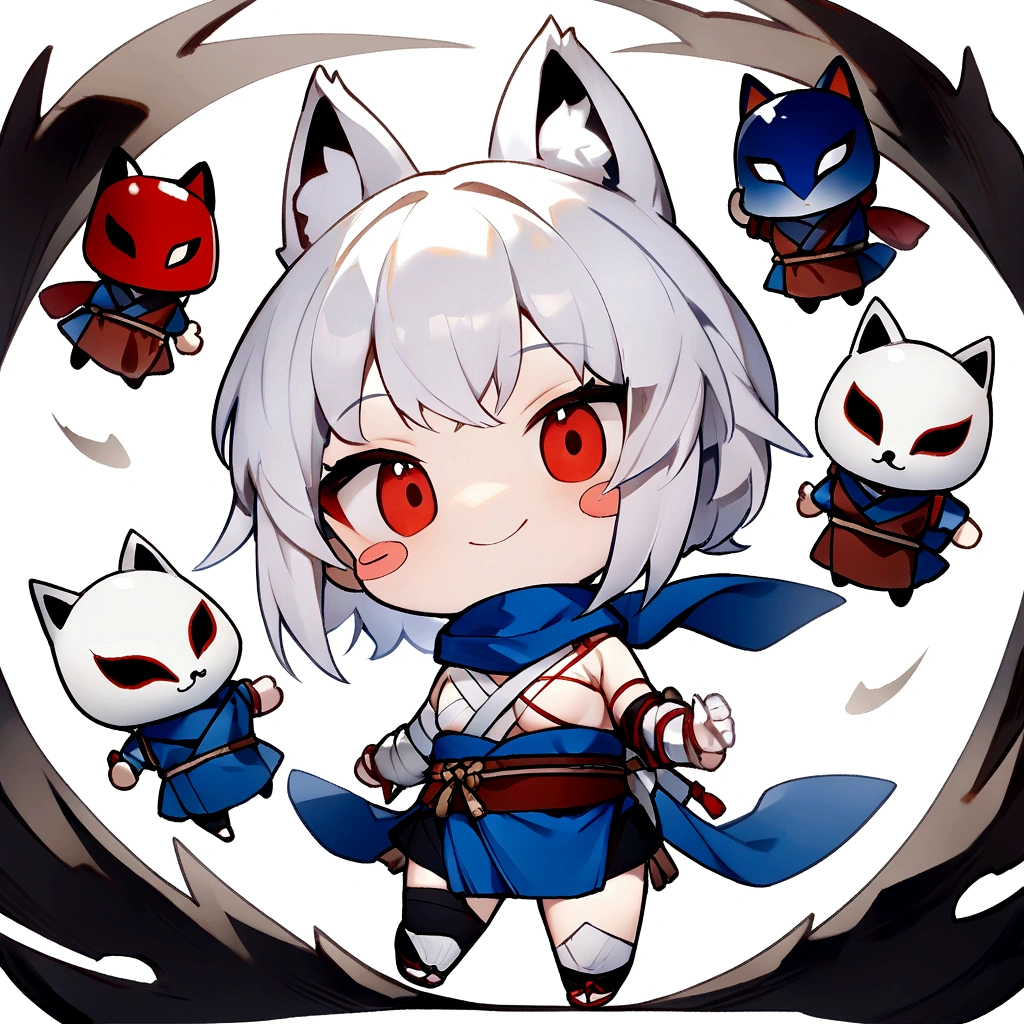 smiling、Stickers、White Gauntlet、chibi,No sleeve、Bleaching、(masterpiece, best quality:1.2), 1girl, 独奏,Wolf girl, fox mask, ninja, girl, white hair, odd eyes, blue kimono, ninja girl, red and blue scarf,Chibi Character、White background, fantastic atmosphere.White background、、Black fox mask、Fisheye Lens、hair、Bandage on chest、boy、Black fox mask、Blue Bondage