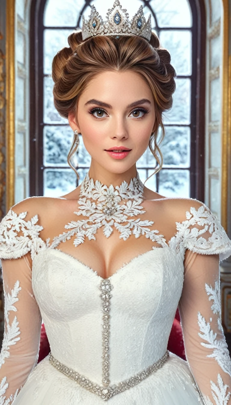 A hyper-realistic portrait of a regal woman with light brown hair in an updo, wearing a white lace gown and an icy crown, set in a winter wonderland palace.