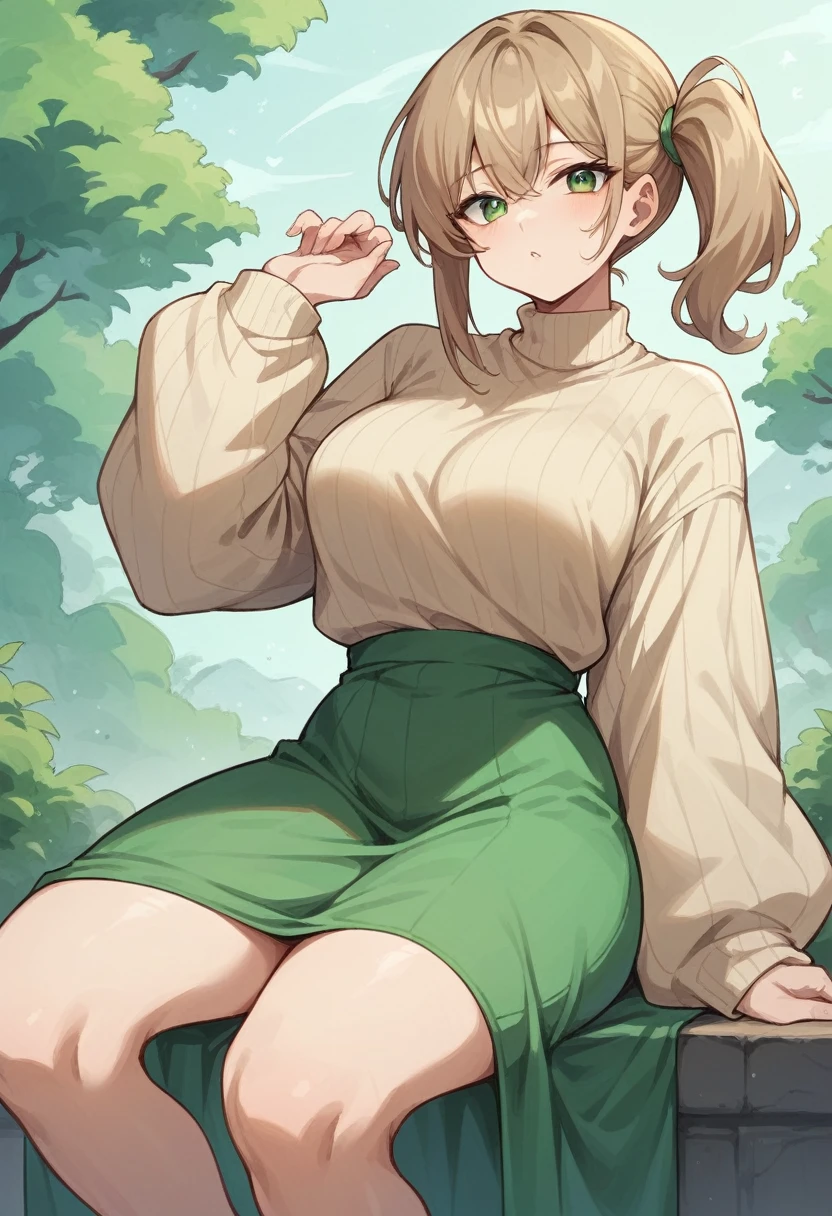 (One tall woman,Light brown hair,Hairstyle: Loose side ponytail,Green Eyes,Medium chest,Wide thighs)Pale yellow vertical sweater,Light green long skirt