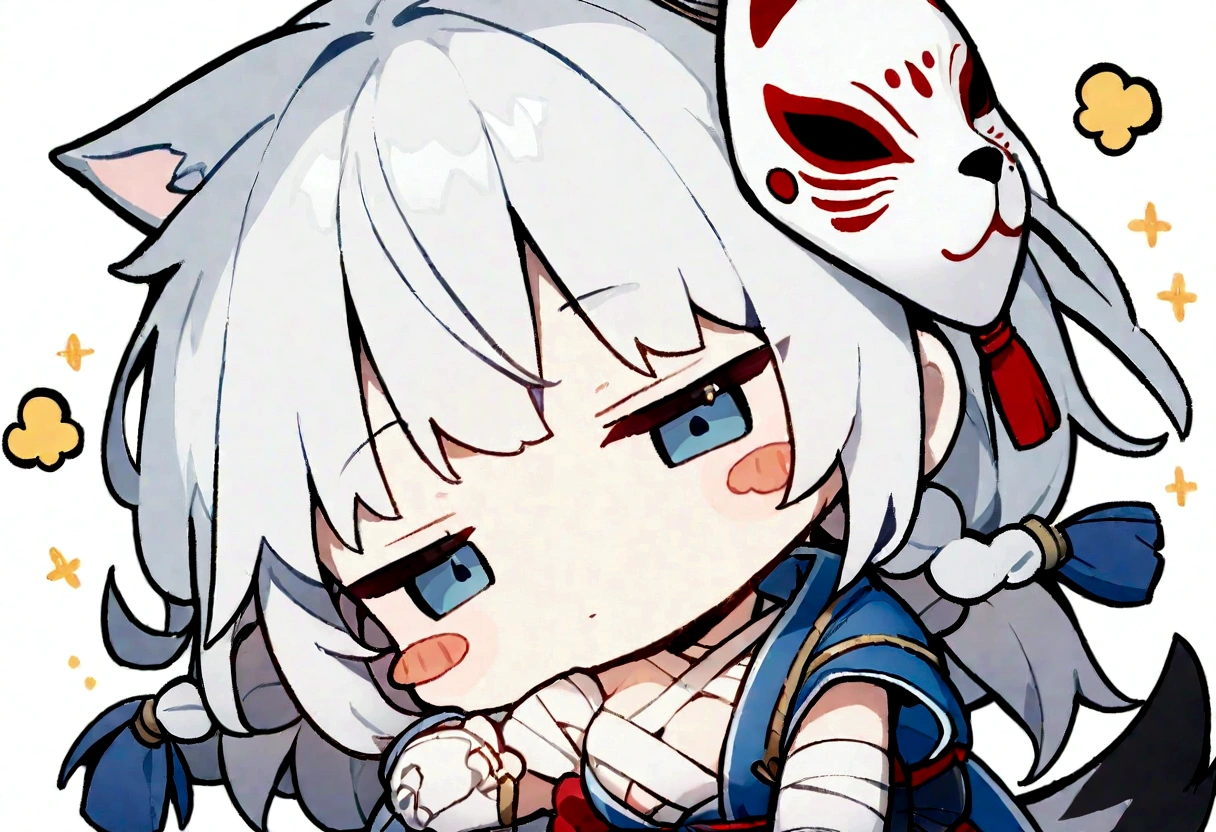 solo、1 person、whole body、Fall down、sleep、sleep、Stickers、White Gauntlet、chibi,No sleeve、Bleaching、(masterpiece, best quality:1.2), 1girl, 独奏,Wolf girl, fox mask, ninja, girl, white hair, odd eyes, blue kimono, ninja girl, red and blue scarf,Chibi Character、White background, fantastic atmosphere.White background、、Black fox mask、Fisheye Lens、hair、Bandage on chest、boy、Black fox mask、Blue Bondage