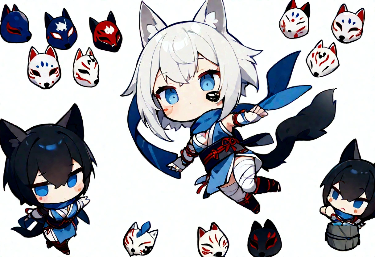 solo、1 person、whole body、Fall down、sleep、sleep、Stickers、White Gauntlet、chibi,No sleeve、Bleaching、(masterpiece, best quality:1.2), 1girl, 独奏,Wolf girl, fox mask, ninja, girl, white hair, odd eyes, blue kimono, ninja girl, red and blue scarf,Chibi Character、White background, fantastic atmosphere.White background、、Black fox mask、Fisheye Lens、hair、Bandage on chest、boy、Black fox mask、Blue Bondage