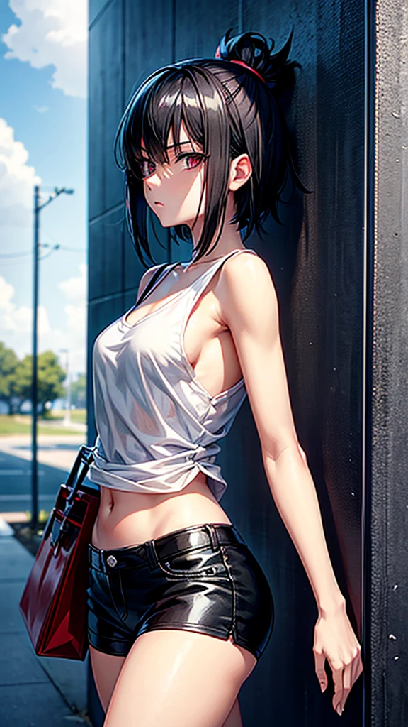  girl, black short hair, white skin, black eyes, black short shirt, , slim body, quiet, sad eyes, walking, beautiful. Anime sexy. Kurome Akame ga kill 