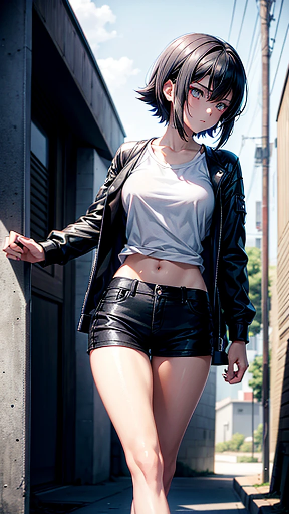 Teen girl, black short hair, white skin, black eyes, black short shirt, , slim body, quiet, sad eyes, walking, beautiful. Anime sexy. Kurome Akame ga kill 