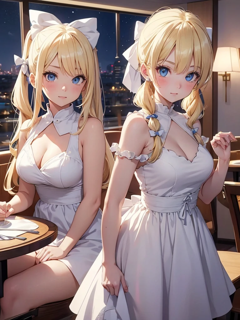 an adult girl, Blonde, blue eyes, two pigtails tied with two white bows, Dragon Ball design style, with a white dress, in an elegant restaurant at night