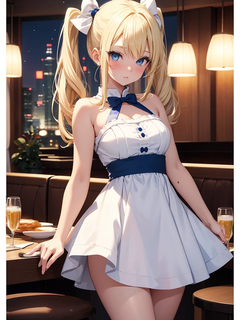 an adult girl, Blonde, blue eyes, two pigtails tied with two white bows, Dragon Ball design style, with a white dress, in an elegant restaurant at night