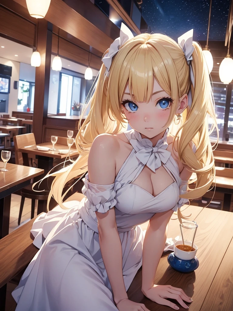 an adult girl, Blonde, blue eyes, two pigtails tied with two white bows, Dragon Ball design style, with a white dress, in an elegant restaurant at night 