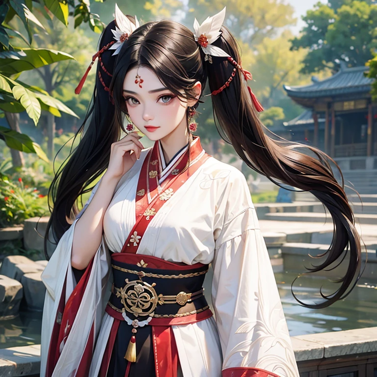 (best qualityer), (hyper realist), mh-yk, 1 girl, standing alone, black hair, eyes browns, , long hair, Chinese clothing,big ,, twintails, plein-air, hair rings, ful dressed, jewelly, range