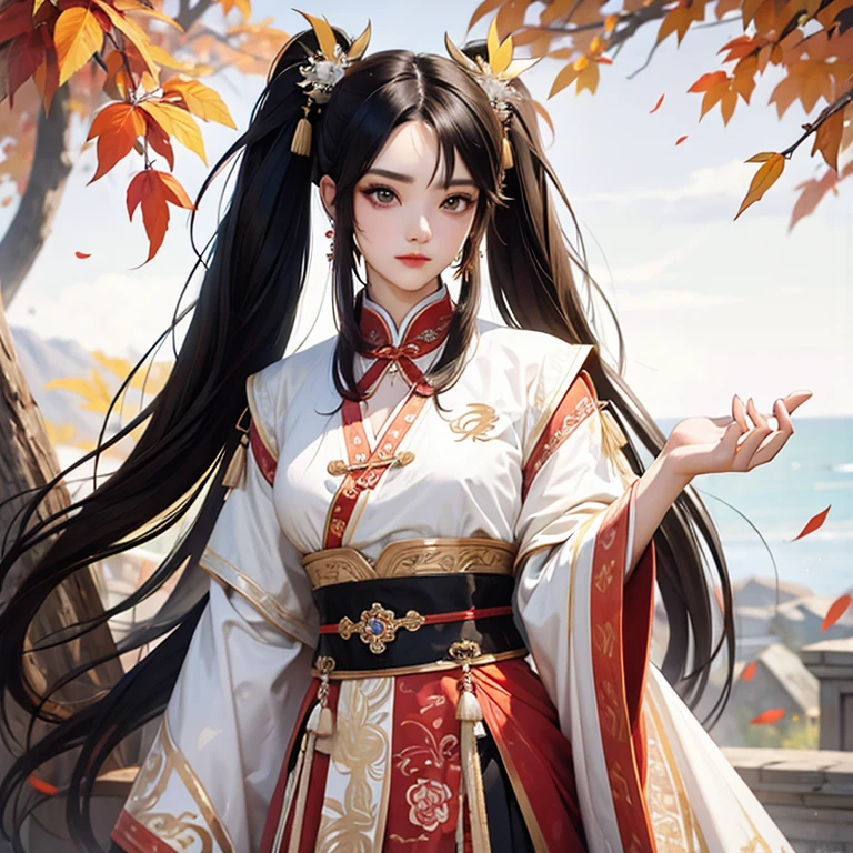 (best qualityer), (hyper realist), mh-yk, 1 girl, standing alone, black hair, eyes browns, , long hair, Chinese clothing,big ,, twintails, plein-air, hair rings, ful dressed, jewelly, range