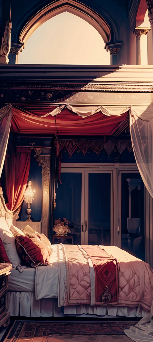 Best quality, masterpiece, ultra high res, raw photo, beautiful and aesthetic,deep shadow, dark theme,(ultra detailed:1.3), divine, royal bedroom, indoors, luxurious palace, canopy bed, full of curtains, pillows, jewelry, candlelight, queen bedrooms, pink room, Mediterranean style bedroom bedroom