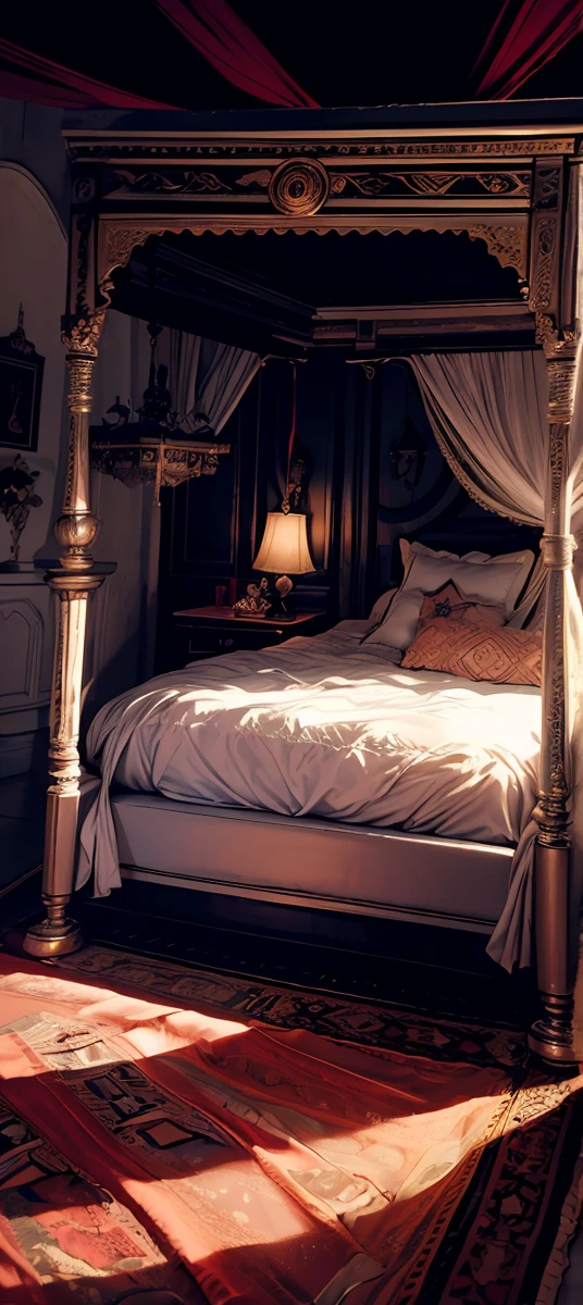 Best quality, masterpiece, ultra high res, raw photo, beautiful and aesthetic,deep shadow, dark theme,(ultra detailed:1.3), divine, royal bedroom, indoors, luxurious palace, canopy bed, full of curtains, pillows, jewelry, candlelight, queen bedrooms, pink room, Mediterranean style bedroom bedroom