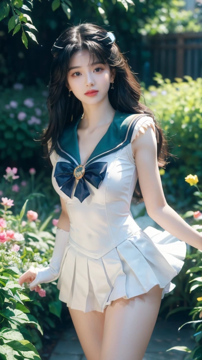(Very detailed CG unity 8k wallpaper., Masterpiece, best quality), (Beautiful light and shadow, The picture is very amazing., movie lens effect), (Sailor Moon: 1.4), exquisite face, Charming smile, star-eyed, ((dark green hair)), tight top, white gloves, short skirt, dynamic poses, lying in the garden), (Garden background full of flowers) (Excellent details, wonderful light, wide angle), (Excellent display, It's enough to be proud.'own kind),(((spread your shirt:1.5, show your tits:1.5)))